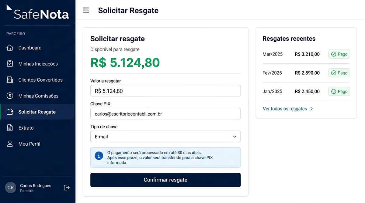 Preview da tela de solicitar resgate no portal SafeNota Parceiros